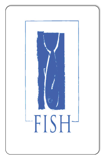 Fish restaurant logo in blue over light blue background